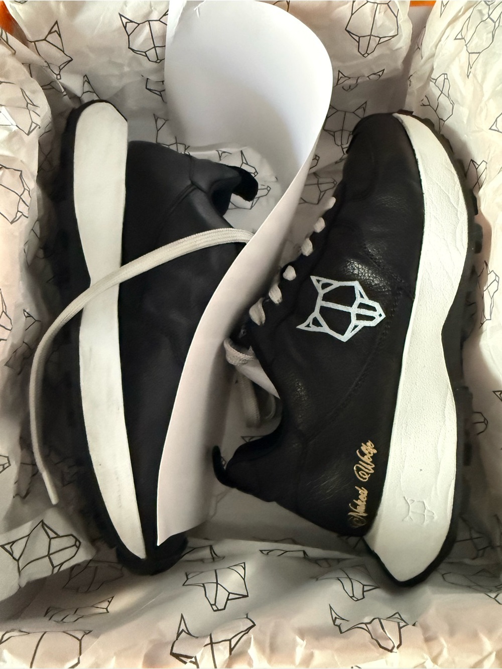 Naked Wolfe Black Leather Sneakers with White Sole and Light Blue Logo